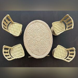 Miniature Dollhouse Vintage Etched Brass Table with Four Chairs, Made in India